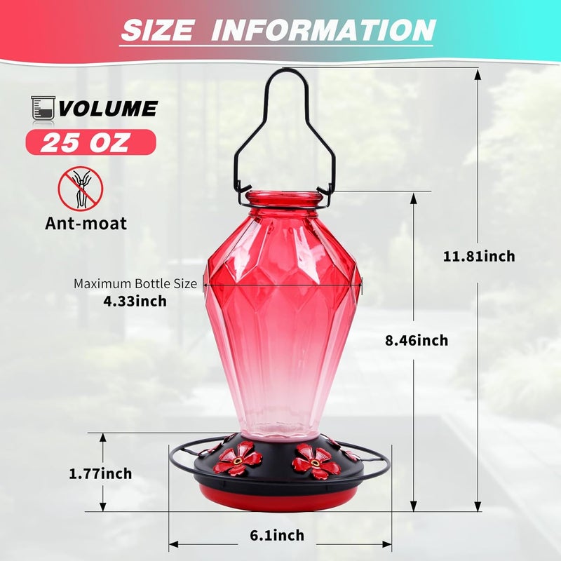 MCHBF Glass Hummingbird Feeder for Outdoors Hanging, 25Oz Humming Bird Nectar Feeder, Perch, 5 Flower Feeding Ports, Leak Proof Base, Hook for Outside Garden Backyard, Gift for Women Mom, Diamond Red - Image 4